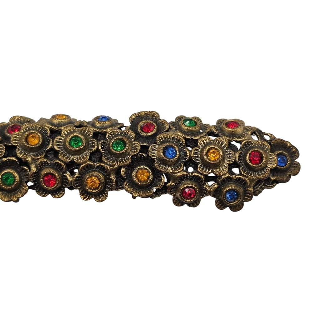 Vtg Czech Style Brass Floral Bar Brooch Multicolor Glass Rhinestones 3.5" Stmt - Picture 5 of 10